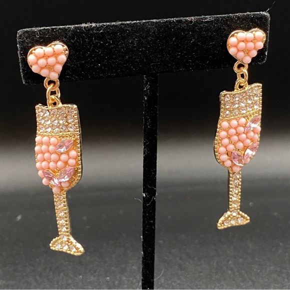 Champagne Pink Sparkly Rhinestone Gold Earrings - Picture 8 of 9